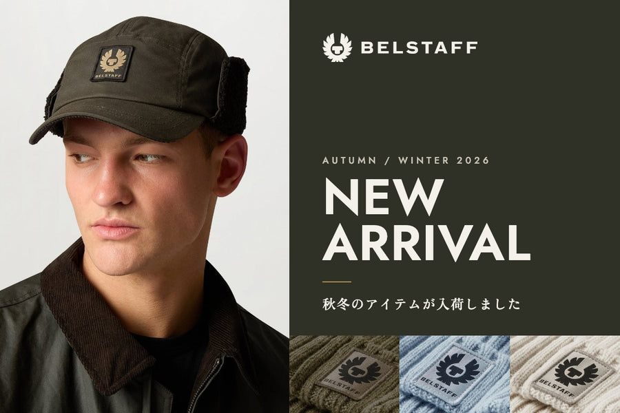 BELSTAFF NEW ARRIVAL。秋冬のアイテムが入荷しました。耳当て付きのキャップをかぶった男性と、3色のビーニーのフェニックスのパッチ
